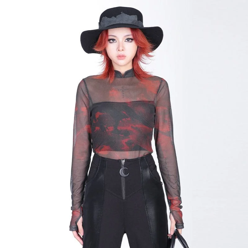 Breezy Comfort Women's Grunge Stand Collar Tie-dye Sheer Mesh Shirt
