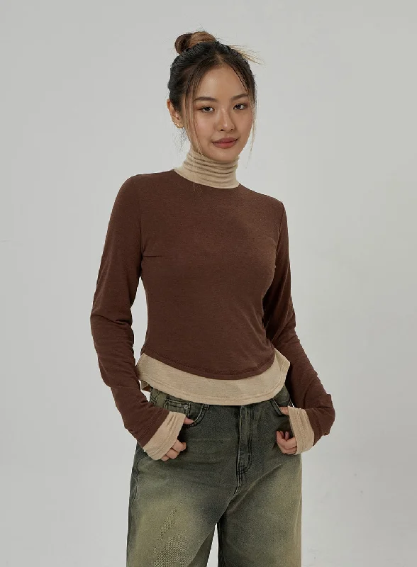 Stylish Jackets Layered Two Color Turtleneck CD26