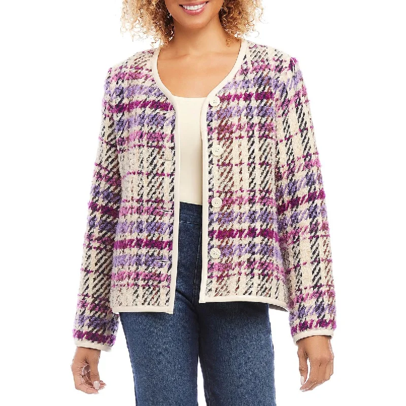 Soft Fabrics Karen Kane Womens Majestic Magenta Wool Plaid Cardigan Sweater