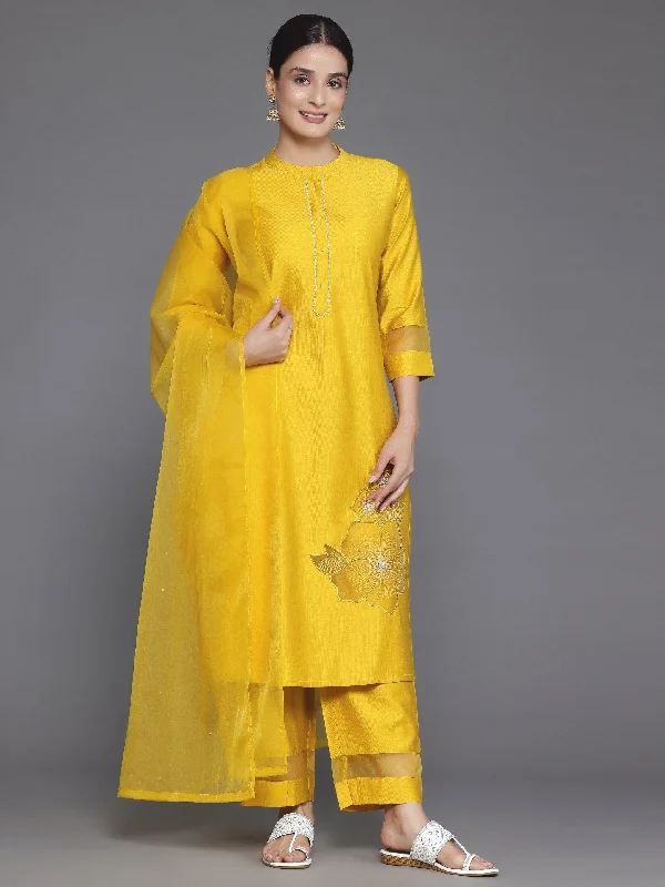Light Dressing Yellow Solid Silk Blend Straight Suit With Dupatta