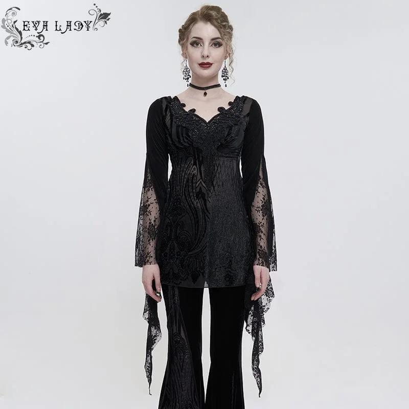 Elegant Dressing Women's Gothic Flared Sleeved Lace Splice Beaded Shirt
