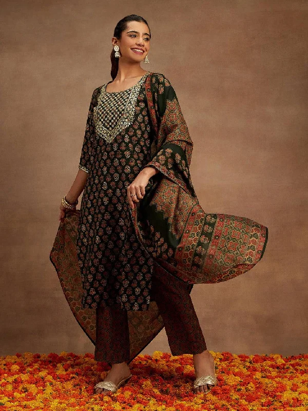 Easy Comfort Style Green Printed Silk Blend Straight Suit With Dupatta