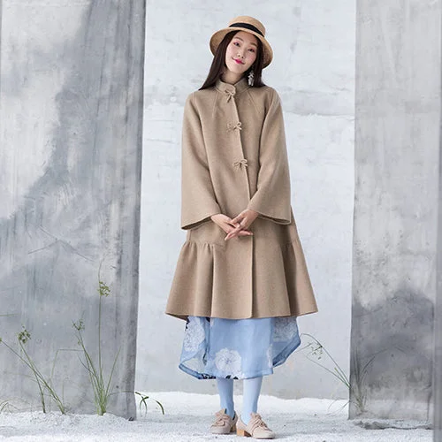 Relaxed Chic New nude woolen outwear oversized mid-length coats patchwork coats stand collar