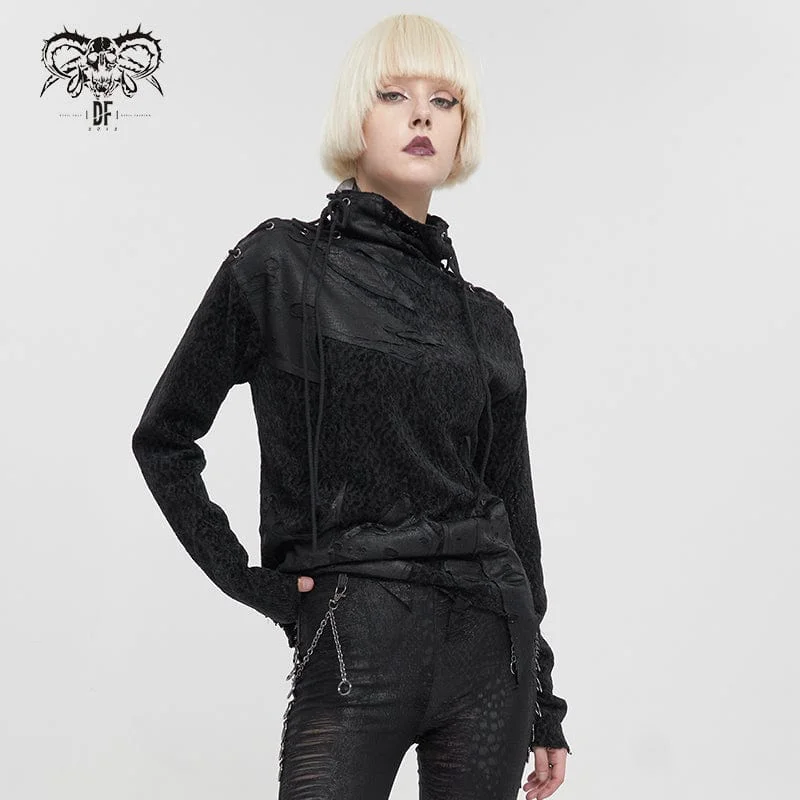 Casual Elegance Women's Gothic Strappy Turtleneck Ripped Shirt