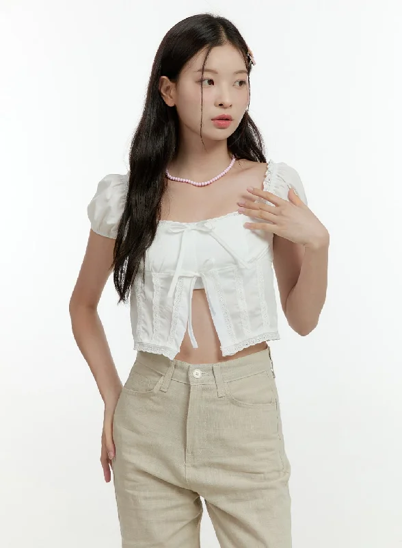 Soft Wear Square Neck Ribbon Lace Crop Blouse OL430