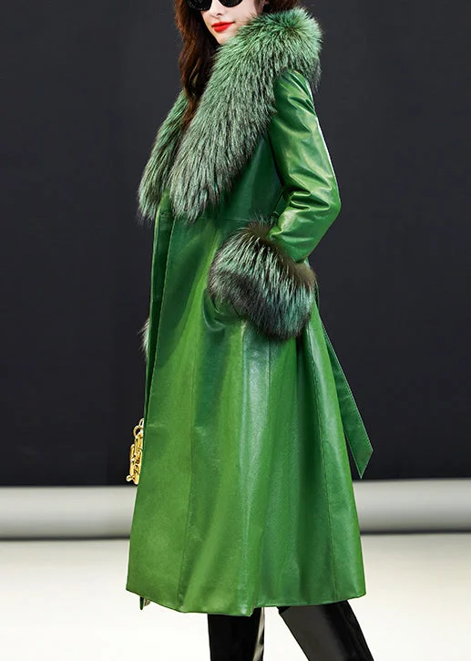 Soft Comfort New Emerald Green Fox Collar Detachable Tie Waist Faux Leather Coat Winter Soft Comfort New Emerald Green Fox Collar Detachable Tie Waist Faux Leather Coat Winter