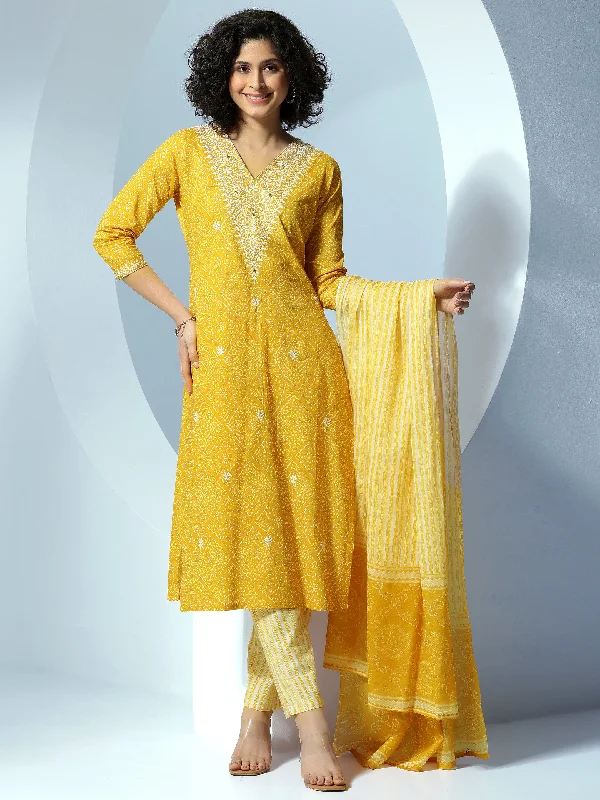 Cozy Footwear Mustard Printed Cotton Straight Suit With Dupatta