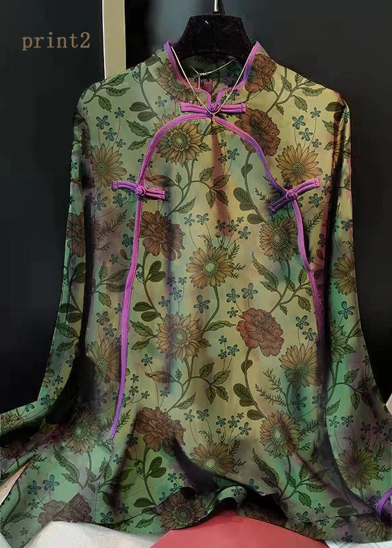 Versatile Style Elegant Green-Print2 Stand Collar Patchwork Jacquard side open Silk Shirts Long Sleeved Versatile Style Elegant Green-Print2 Stand Collar Patchwork Jacquard side open Silk Shirts Long Sleeved