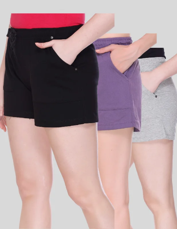 Cozy Chic Plain Shorts For Women - Cotton Lounge Shorts(Combo of 3 - Black/Grey/Lavender)