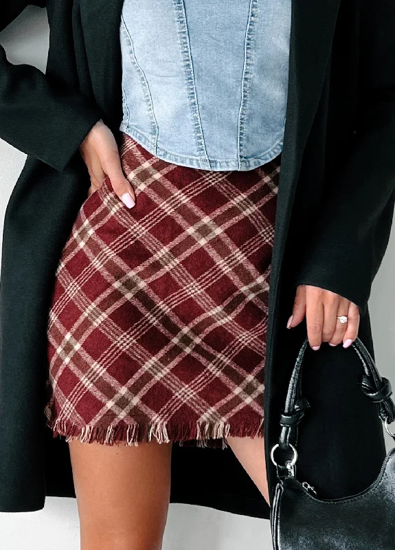 Smart Comfort Anywhere With You Plaid Skirt (Burgundy Multi)