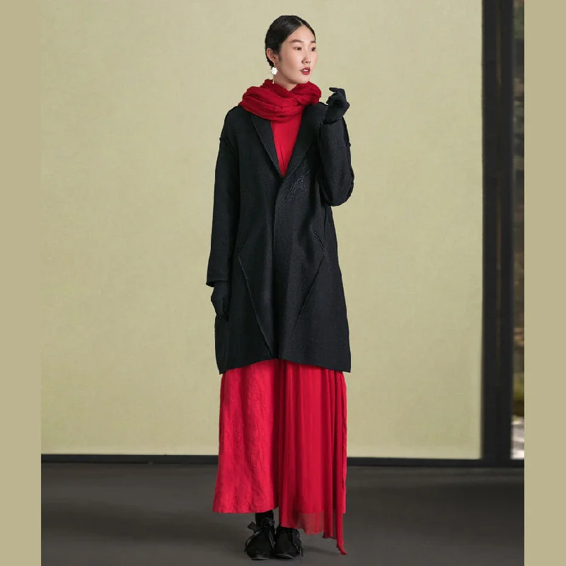 Versatile Outfits fine black woolen outwear plus size long sleeve Jackets & Coats embroidery women coats