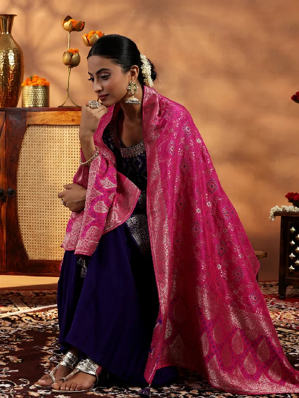 Versatile Wear Purple Woven Design Silk Blend Straight Suit With Dupatta