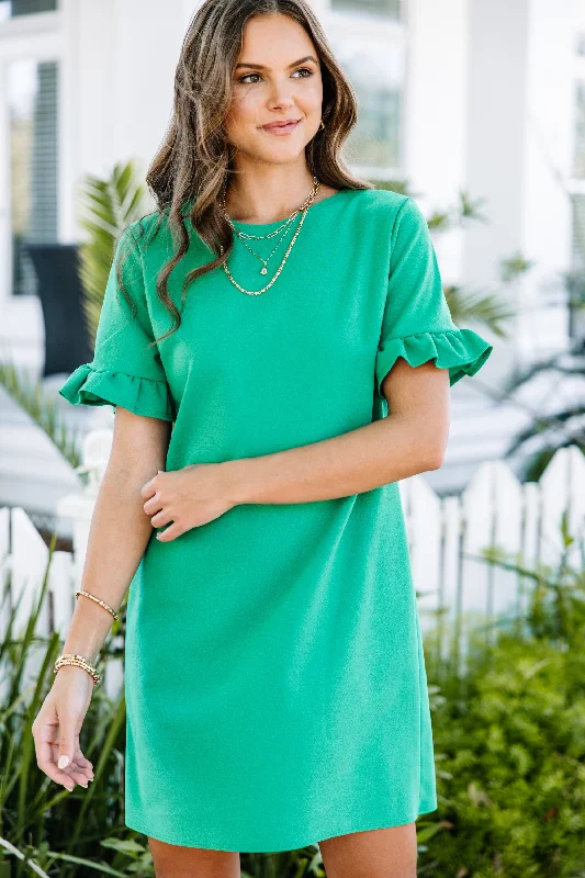 Weekend Style Can't Hide Kelly Green Ruffled Shift Dress