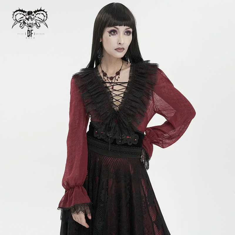 Simple Comfort Women's Gothic Plunging Ruffled Sheer Shirt Red