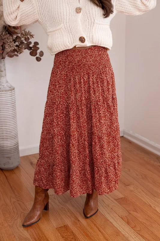 Casual Chic Outfits Enchanted Florals Rust Midi Skirt