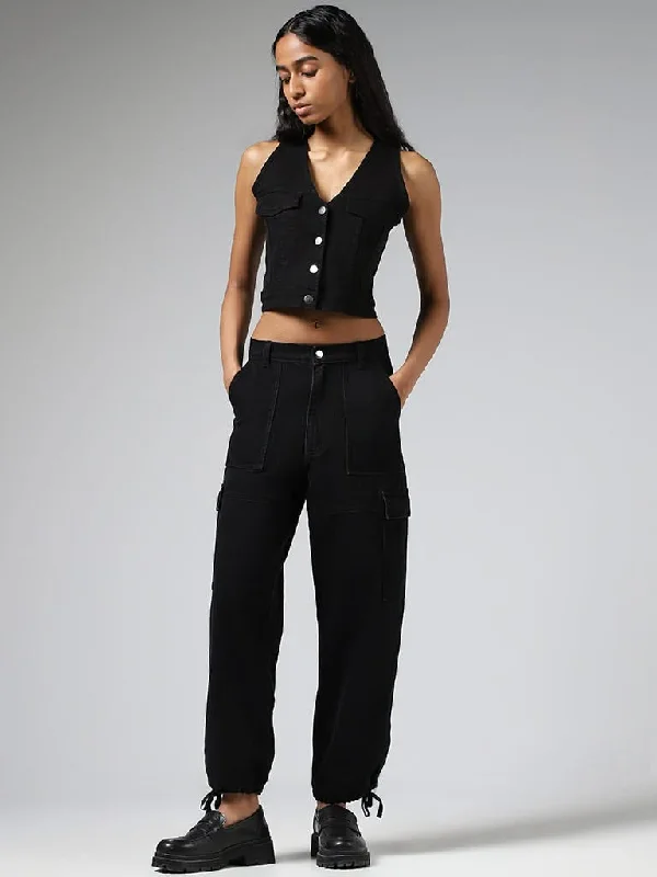 Soft Wear Nuon Solid Black Denim Crop Waistcoat