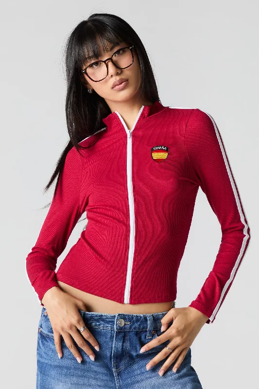 Relaxed Dresses Embroidered Ribbed Zip-Up Sporty Top