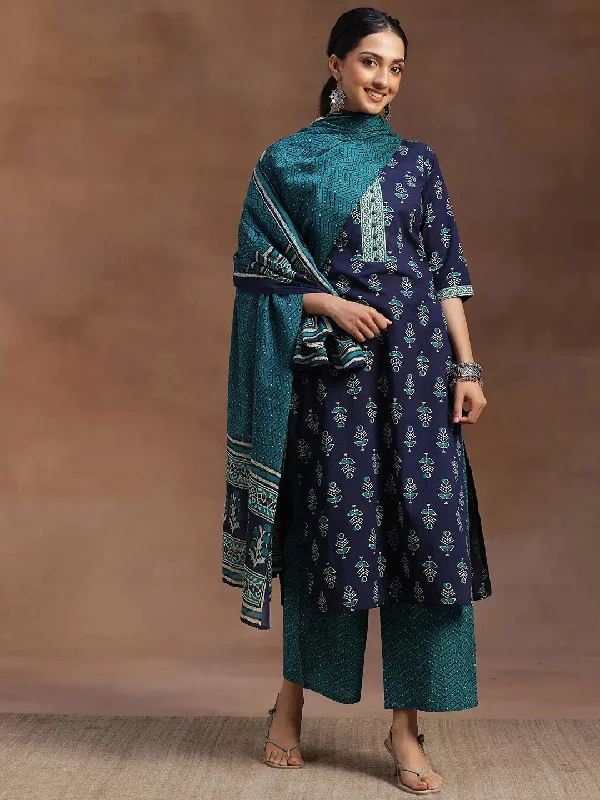 Versatile Casuals Blue Printed Cotton Straight Suit With Dupatta