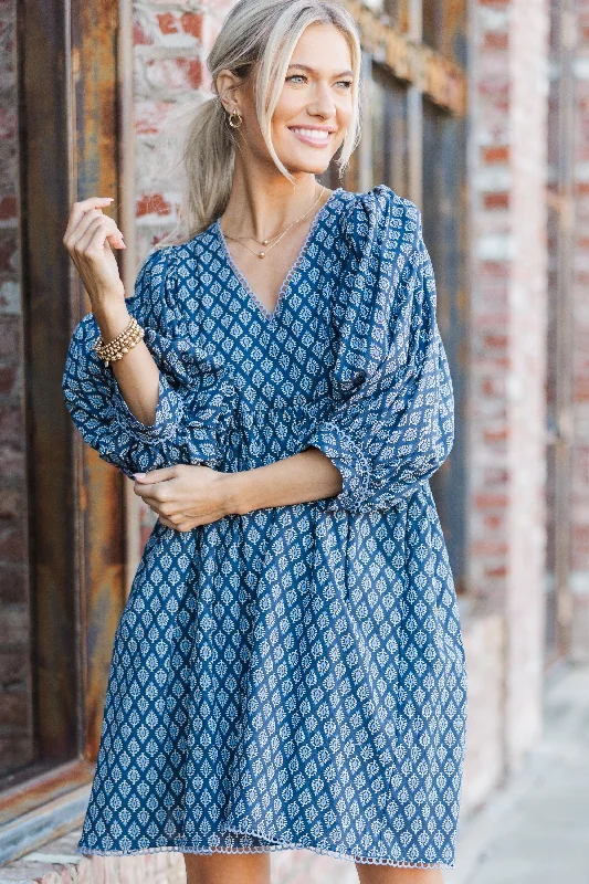Chic Comfort Moving Forward Denim Blue Medallion Dress