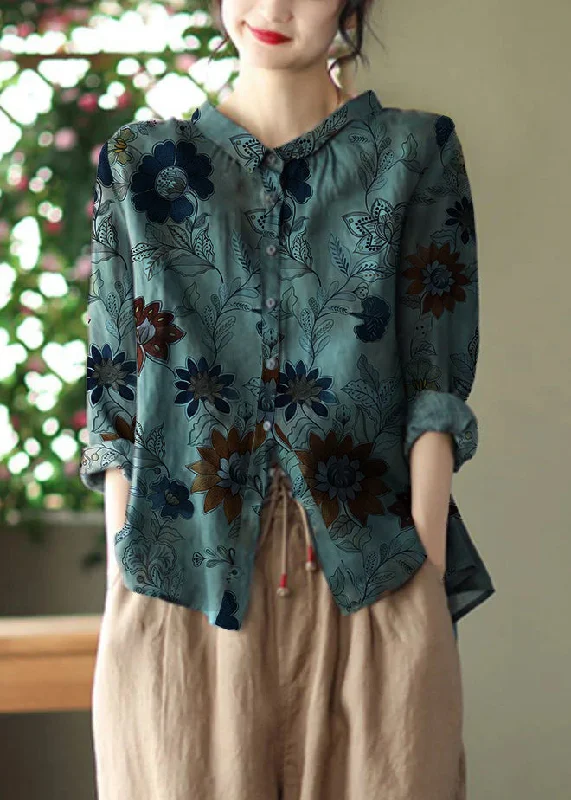 Simple Chic Retro Peacock Green-dark pattern Peter Pan Collar Print Button Wrinkled Shirts Long Sleeve
