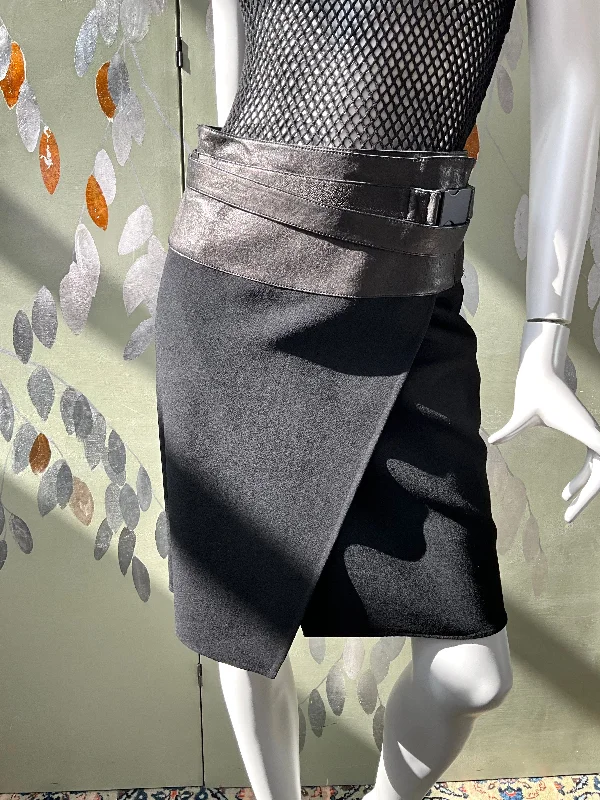 Comfortable Jeans Donna Karan Black Asymmetrical Wool Skirt with Leather Waist and Belt