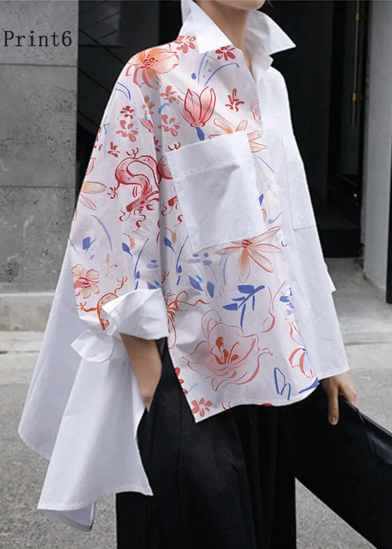 Warm Comfort Natural White-Print6 Peter Pan Collar Low High Design Button Pockets Cotton Shirts Long Sleeve