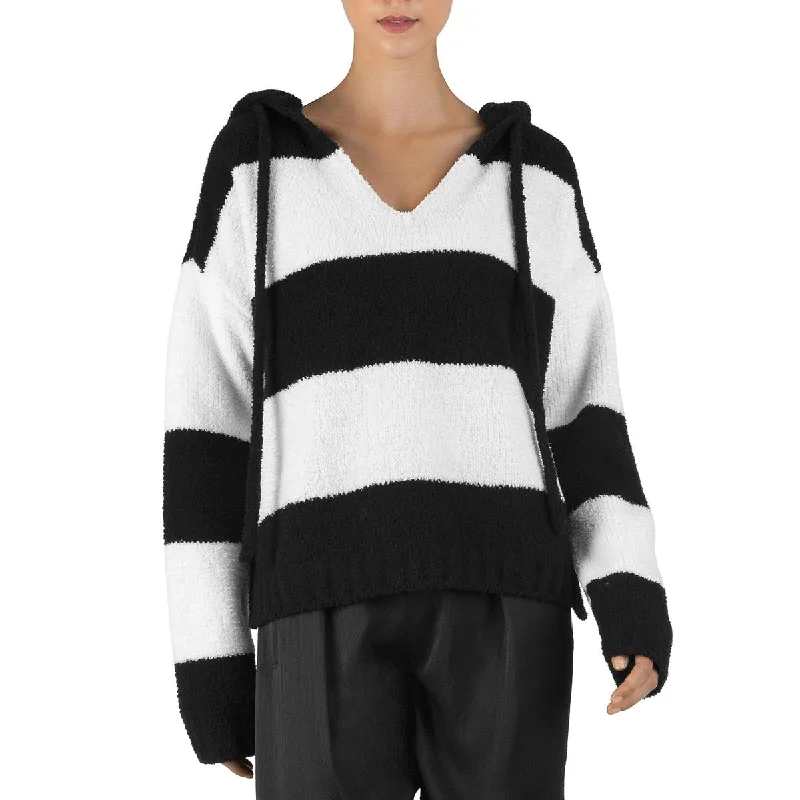 Relaxed Chic ATM Womens Chenille  Striped Hoodie V-Neck Sweater