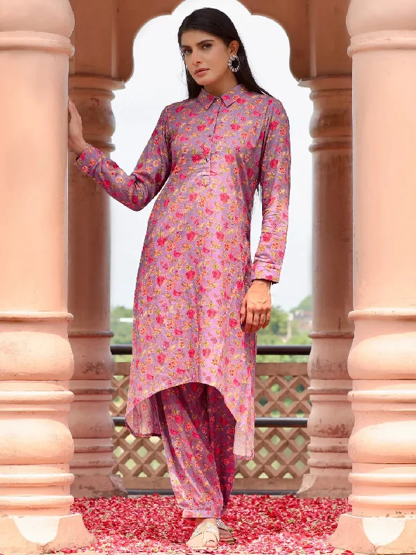 Casual Comfort Purple Printed Silk Blend Co-Ords