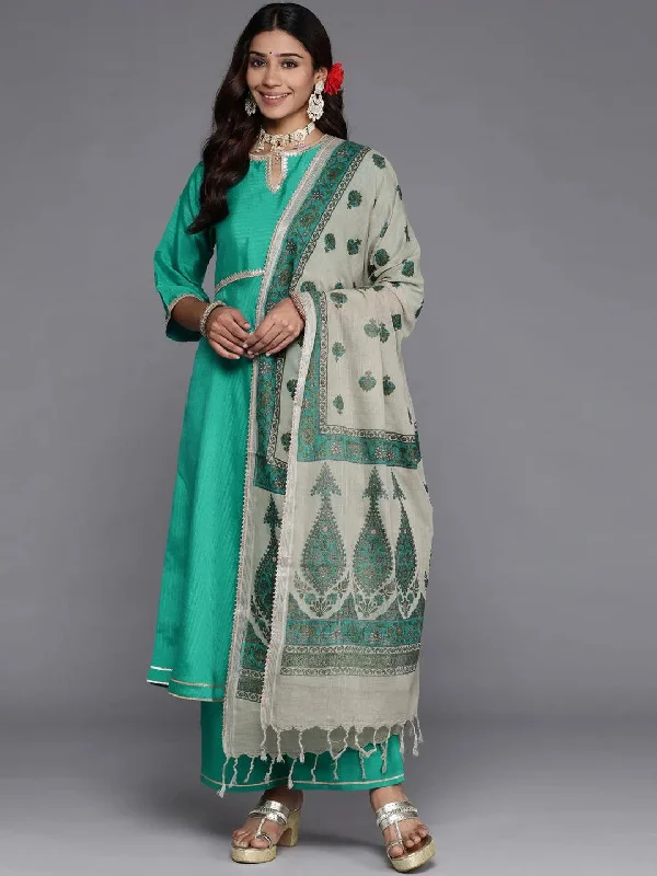 Soft Looks Green Solid Silk Blend Anarkali Kurta With Palazzos & Dupatta