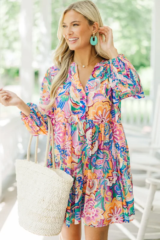 Cozy Fit Wear Easy To See Orchid & Blue Abstract Dress