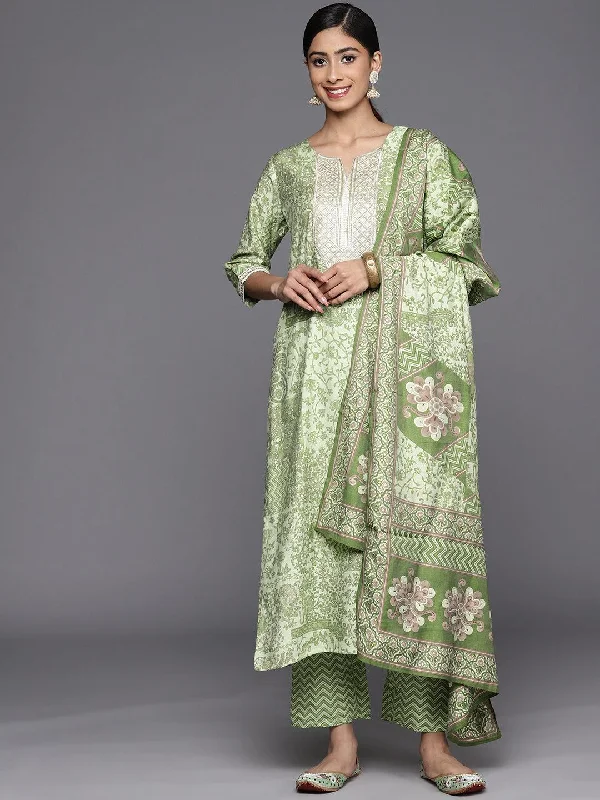 Casual Comfort Green Printed Silk Blend Straight Kurta With Dupatta