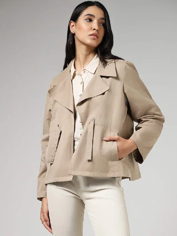 Effortless Dressing LOV Solid Beige Tie-Up Jacket