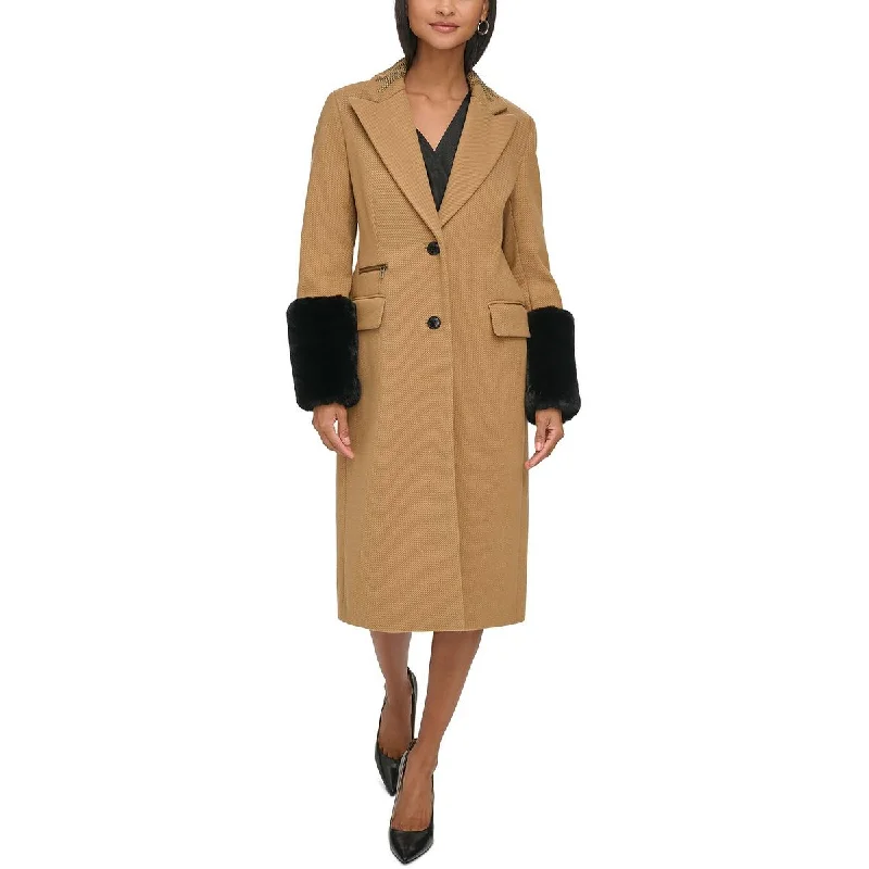 Cozy Apparel Karl Lagerfeld Paris Womens Embellished Faux Fur Cuff Pea Coat