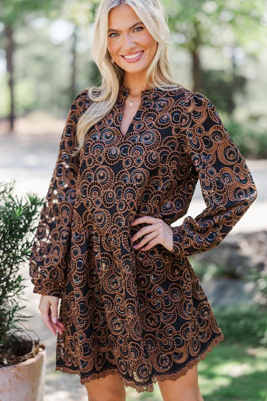 Versatile Comfort Out In Space Brown Embroidered Dress