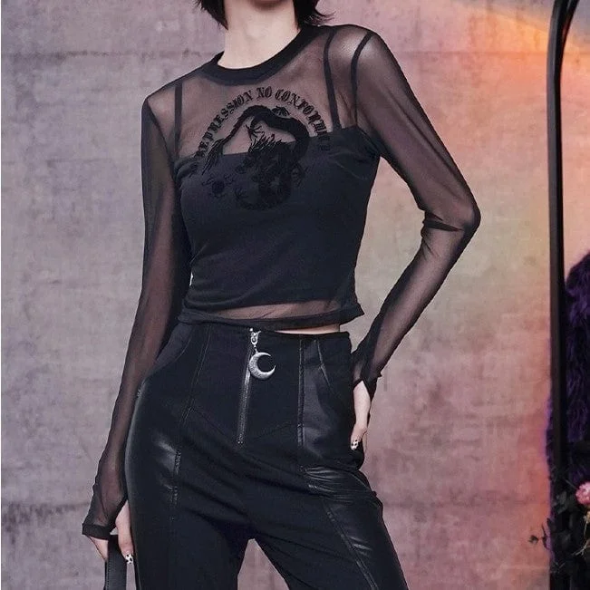 Comfy Dress Women's Punk Dragon Embroidered Sheer Mesh Shirt