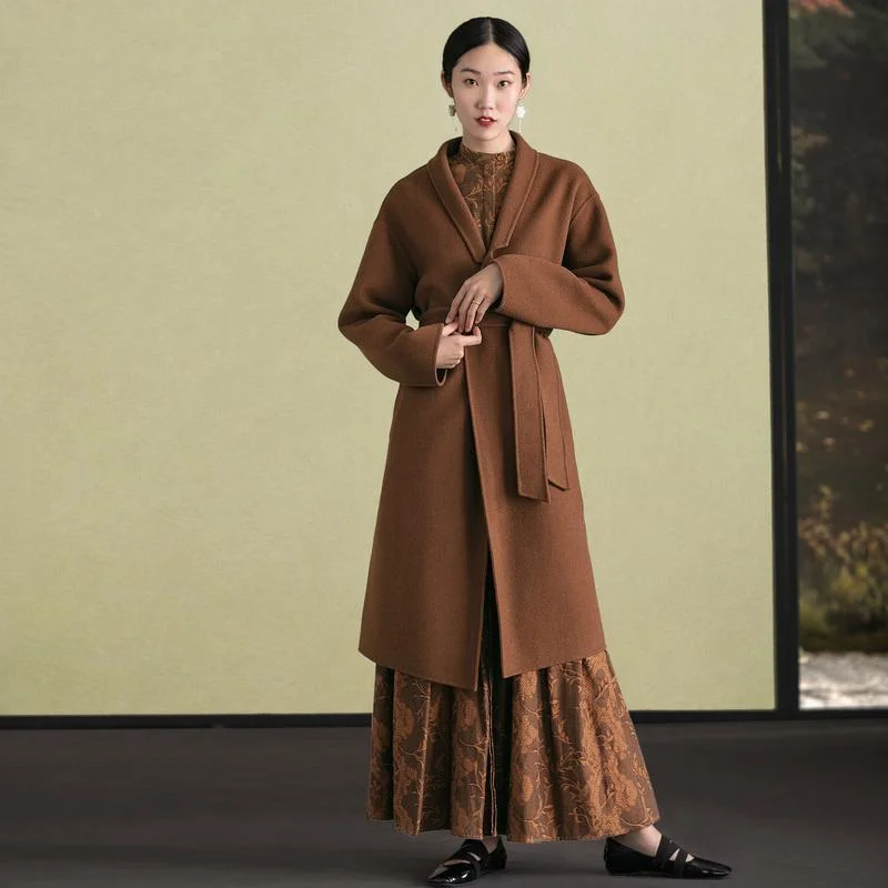 Classic Comfort women brown woolen overcoat oversized stand collar winter coat tie waist jackets
