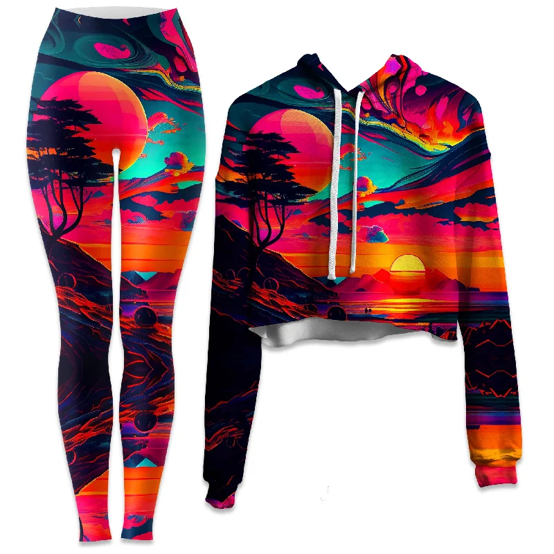 Elegant Dressing Sunset Melt Crop Hoodie and Leggings Combo