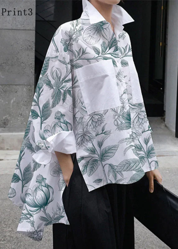 Versatile Comfort Natural White-Print3 Peter Pan Collar Low High Design Button Pockets Cotton Shirts Long Sleeve