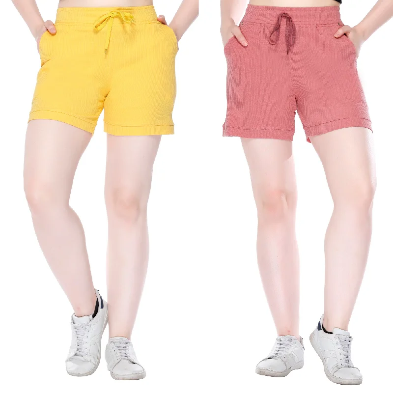 Cozy Fit Wear Cotton Shorts For Women - Plain Bermuda Combo (Rosy Pink/Mango)