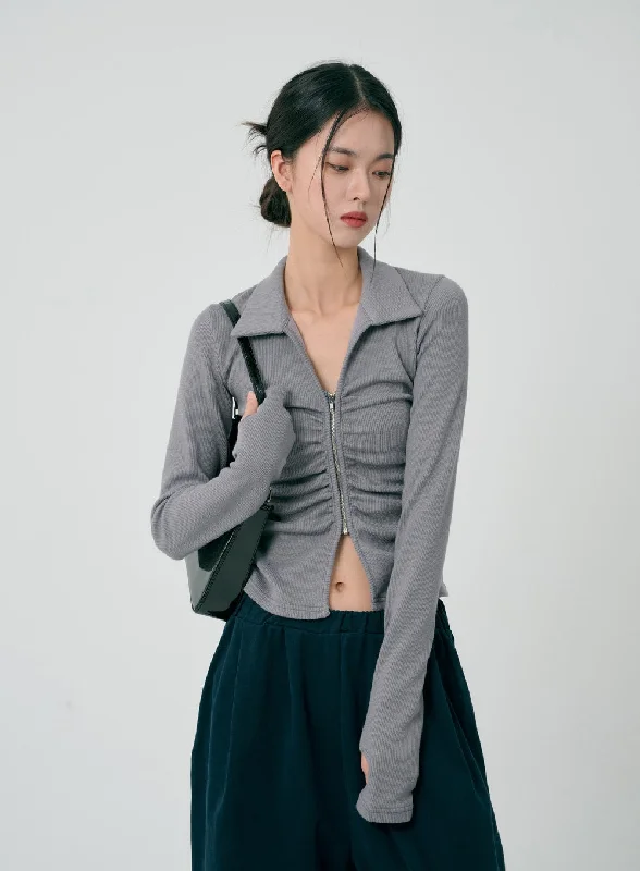 Relaxed Tops Ruffle Zipper Long Sleeve Top ID08