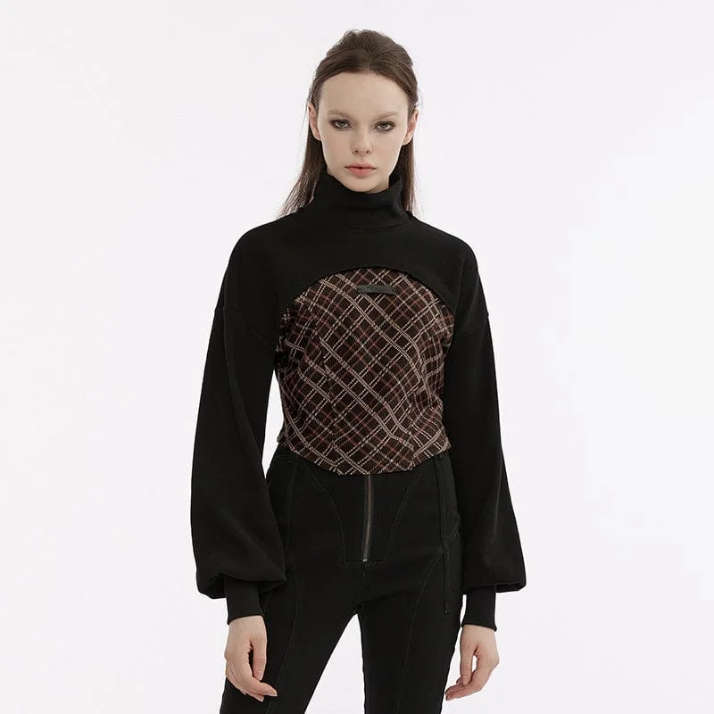 Versatile Casuals Women's Grunge Stand Collar Plaid Splice Shirt