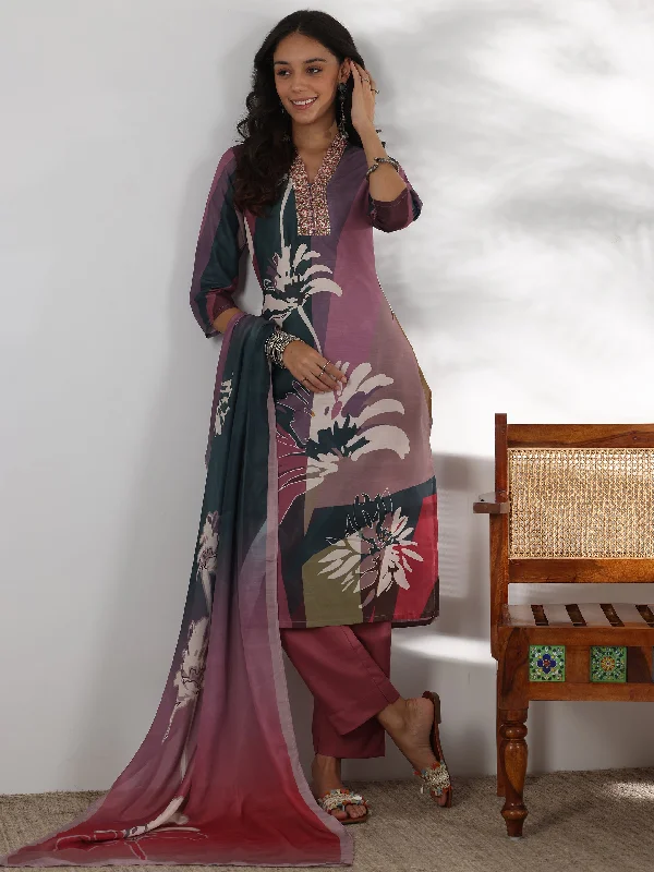 Casual Chic Wear Mauve Printed Cotton Blend Straight Suit With Dupatta