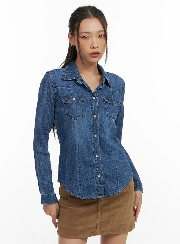 Layered Style Denim Washed Pocket Shirt CO424