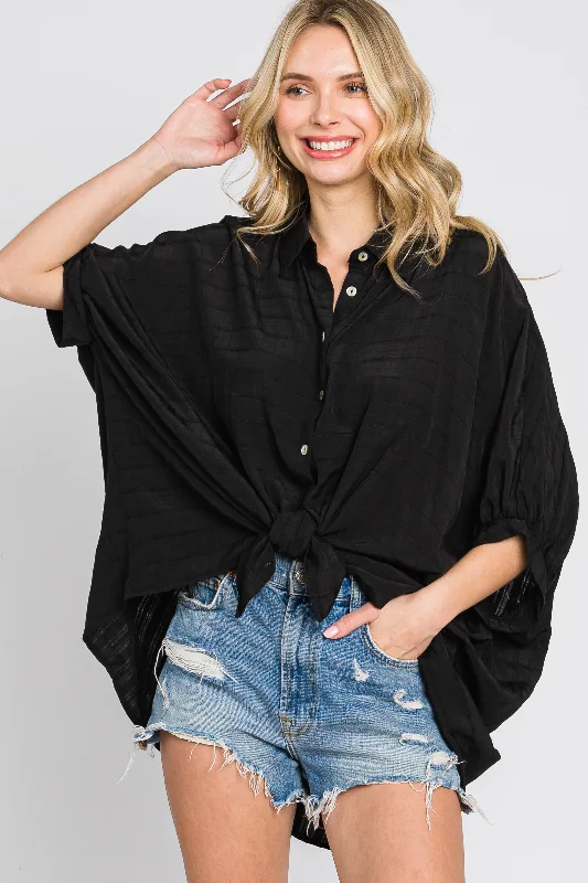 Lounge Wear Black Button Down 3/4 Sleeve Top