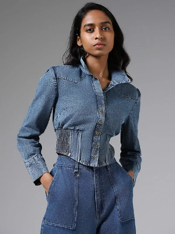 Comfy Chic Wear Nuon Solid Mid Blue Crop Denim Jacket