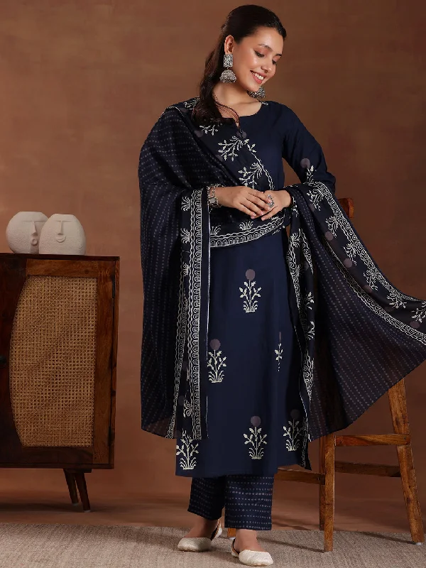 Comfy Dress Blue Printed Cotton Straight Suit With Dupatta