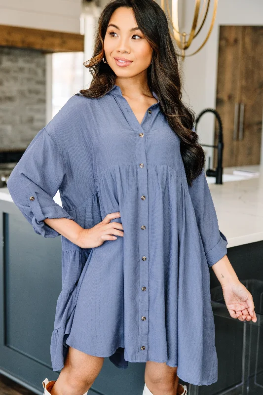 Cozy Chic Let's Get It Going Blue Gray Babydoll Dress