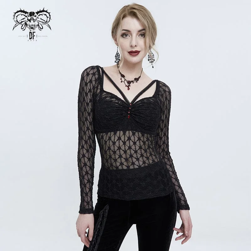 Basic Comfort Women's Punk Beaded Sheer Mesh Shirt