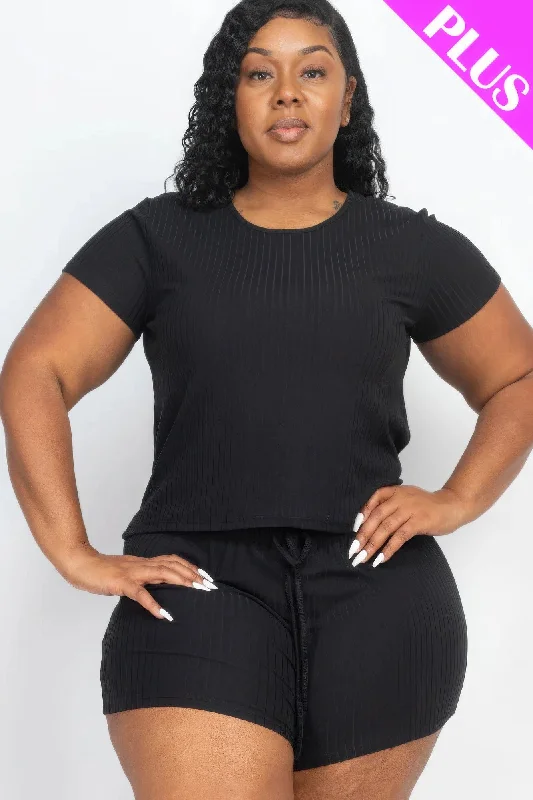 Effortless Wear Plus Size Ribbed Short Sleeve Top&shorts Set