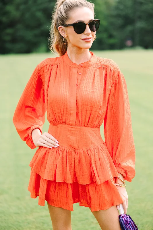 Effortless Comfort Olivaceous: Contain Your Joy Orange Pleated Dress